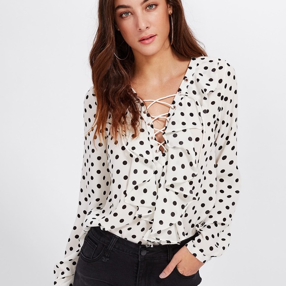 Polka Dot Lace Up Ruffle Blouse - BRAND NEW - Picture 2 of 4